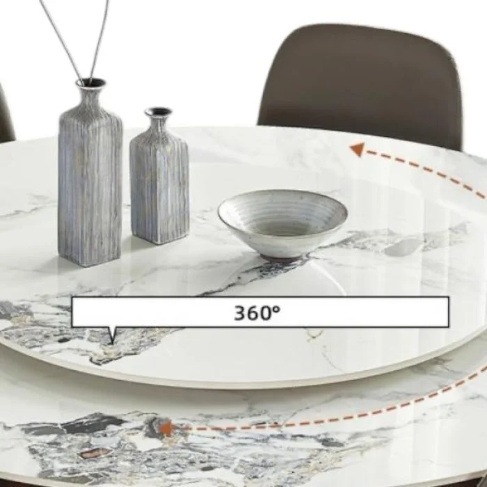Table à manger ronde en pierre blanche avec plateau tournant